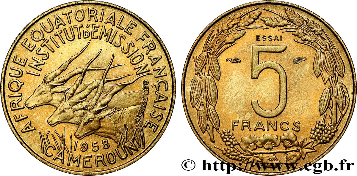 AFRIQUE ÉQUATORIALE FRANÇAISE - CAMEROUN Essai de 5 Francs 1958 Paris SPL