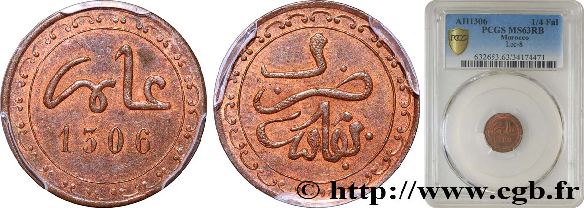 MOROCCO - HASSAN I 1/4 Fels (1/16 Mazouna) Hassan I an 1306 1889 Fez MS63 PCGS