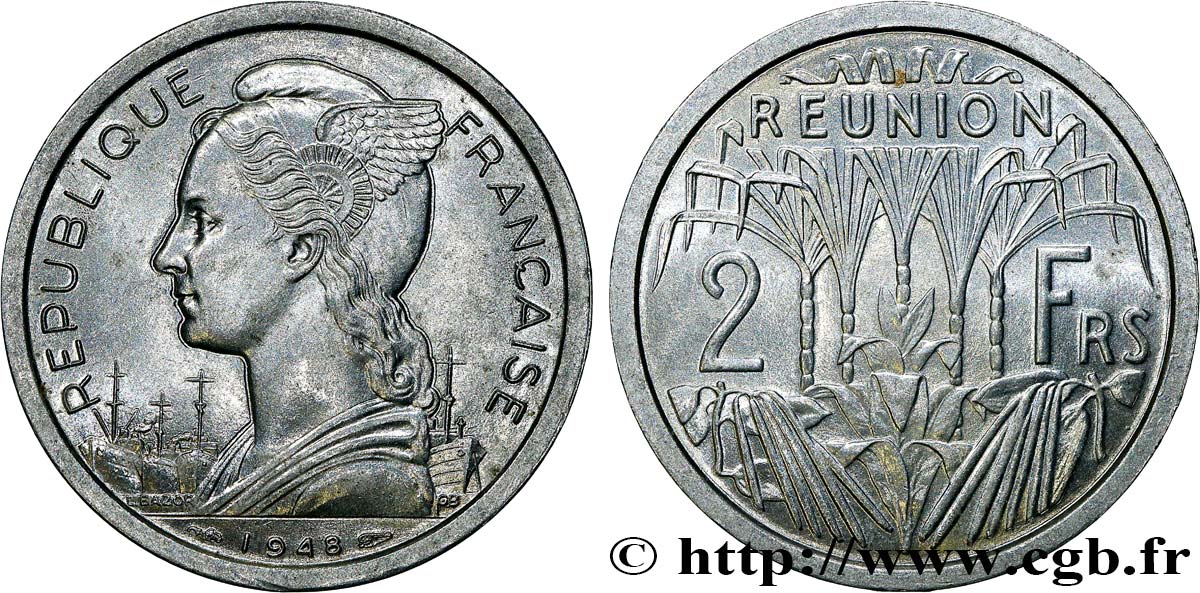 REUNION 2 Francs 1948 Paris MS
