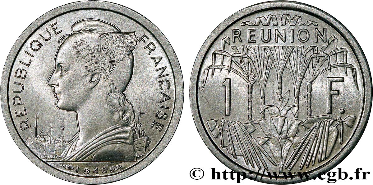 ÎLE DE LA RÉUNION 1 Franc Marianne / canne à sucre 1948 Paris SPL