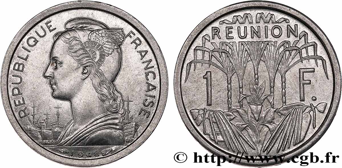 ÎLE DE LA RÉUNION 1 Franc Marianne / canne à sucre 1948 Paris SPL