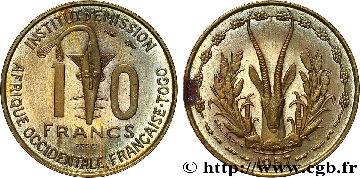FRANZÖSISCHE WESTAFRIKA - TOGO 10 Francs Essai 1957 Paris fST 