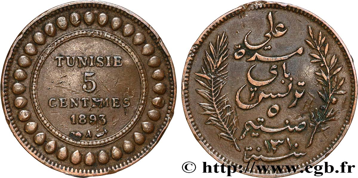 TUNISIA - French protectorate 5 Centimes AH1310 1893 Paris XF 