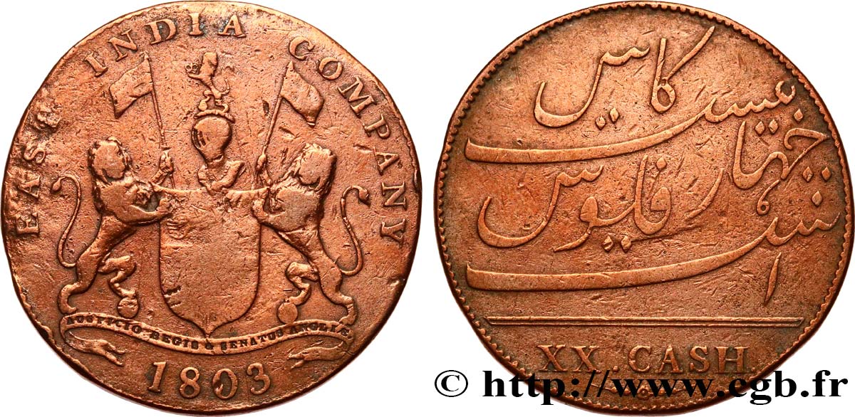 ISLE OF FRANCE (MAURITIUS) XX (20) Cash East India Company 1803 Madras VF