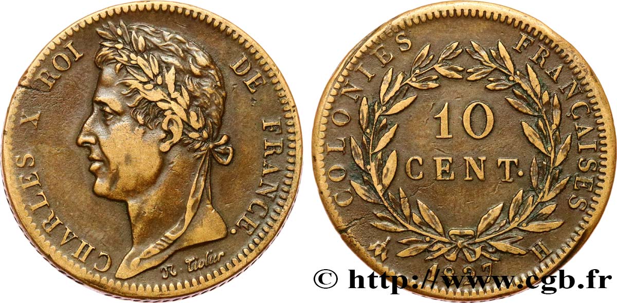 COLONIAS FRANCESAS - Charles X, para Martinica y Guadalupe 10 Centimes Charles X 1827 La Rochelle - H MBC 