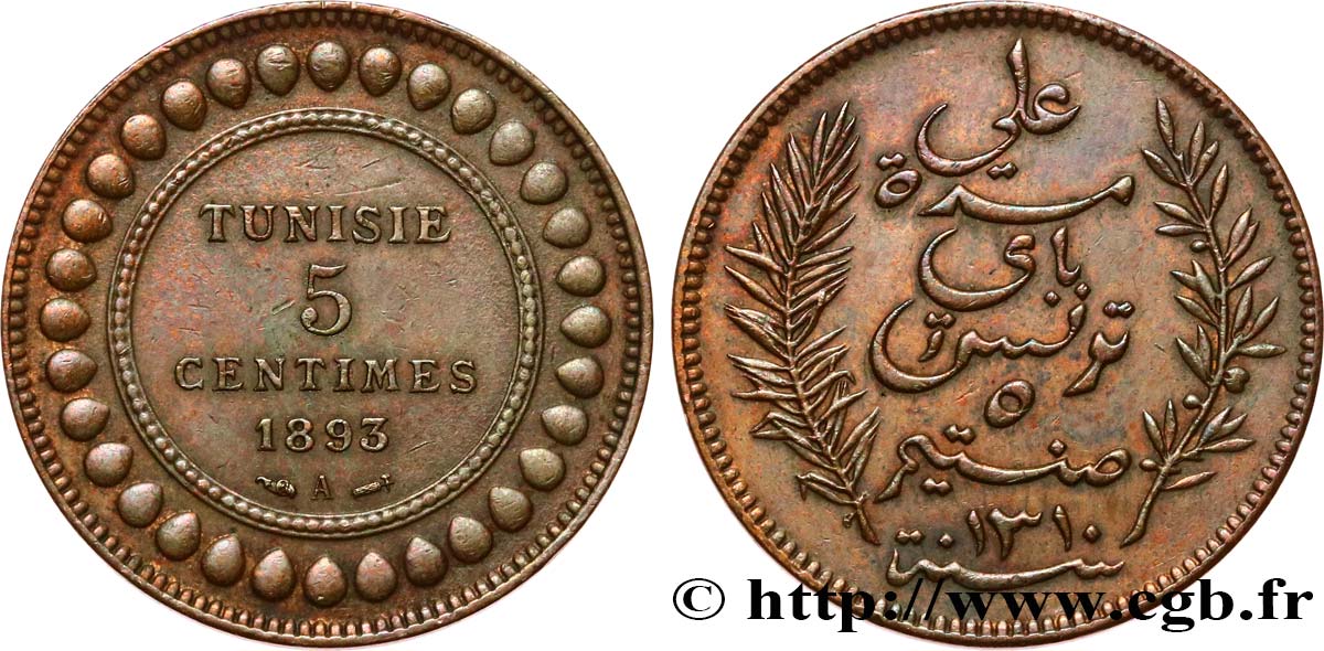 TUNISIA - French protectorate 5 Centimes AH1310 1893 Paris AU 