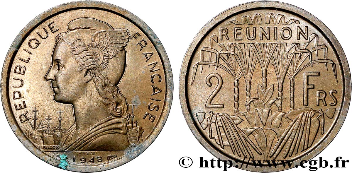 REUNION ISLAND Essai de 2 Francs 1948 Paris AU 