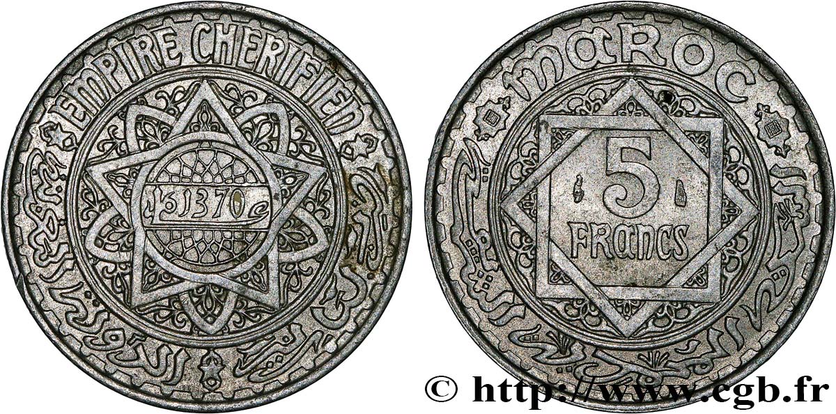 MAROCCO - PROTETTORATO FRANCESE 5 Francs AH 1370 1951  SPL 