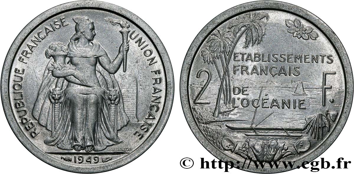 FRENCH POLYNESIA - Oceania Francesa 2 Francs Union Française 1949 Paris SC 