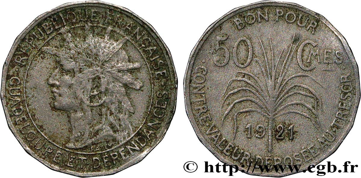 GUADELOUPE Bon pour 50 Centimes indien caraïbe / canne à sucre 1921 TB