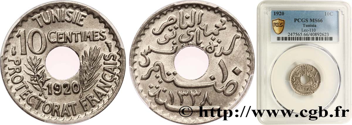 TUNISIA - Protettorato Francese 10 Centimes AH1338 1920 Paris FDC66 PCGS