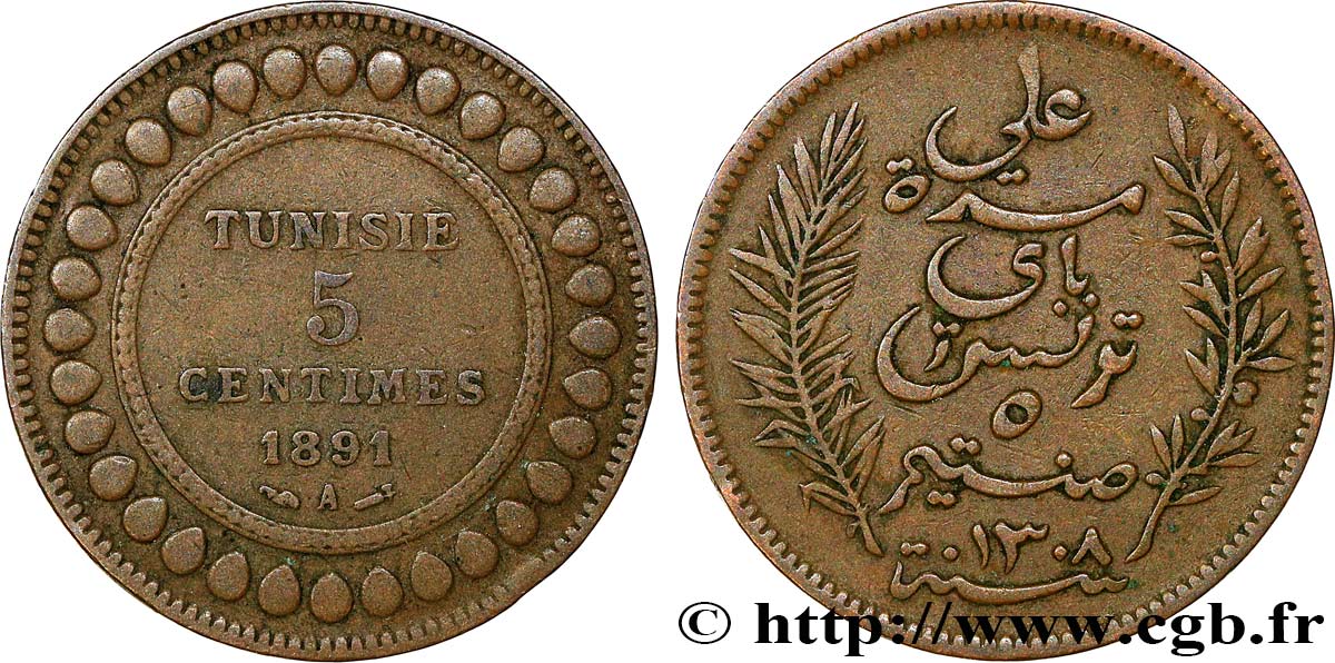 TUNISIA - FRENCH PROTECTORATE 5 Centimes AH 1309 1891 Paris XF
