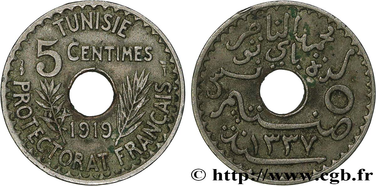 TUNISIA - FRENCH PROTECTORATE 5 Centimes AH 1337 1919 Paris XF 