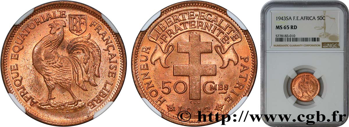 FRENCH EQUATORIAL AFRICA - FREE FRANCE  50 Centimes 1943 Prétoria MS65 NGC