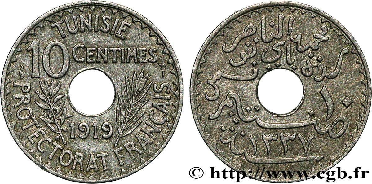 TUNISIA - FRENCH PROTECTORATE 10 Centimes AH 1337 1919 Paris AU 