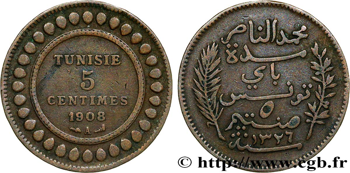 TUNISIA - FRENCH PROTECTORATE 5 Centimes AH1326 1908 Paris XF 