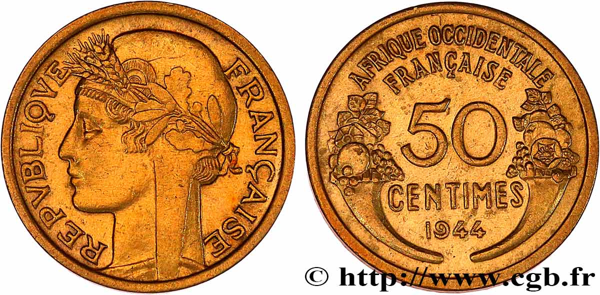 AFRIQUE OCCIDENTALE FRANÇAISE 50 Centimes Morlon 1944 Londres SUP