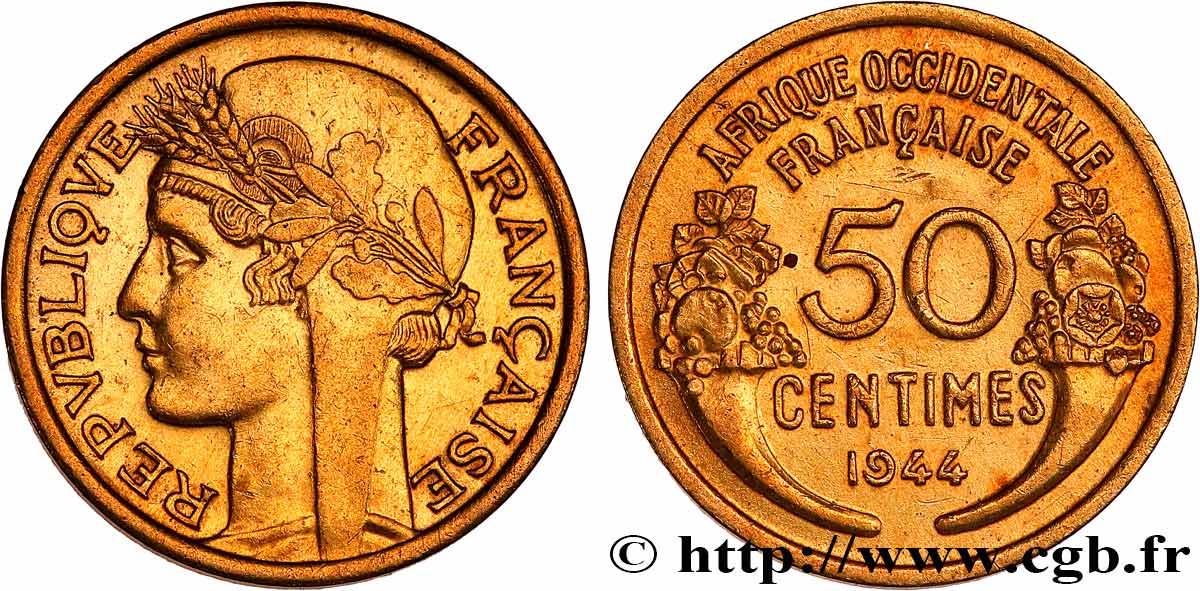 AFRIQUE OCCIDENTALE FRANÇAISE 50 Centimes Morlon 1944 Londres SUP