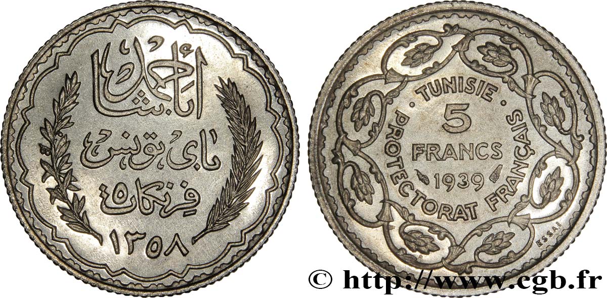 TUNESIEN - Französische Protektorate  Essai 5 Francs argent au nom de Ahmed Bey AH 1358 1939 Paris fST 