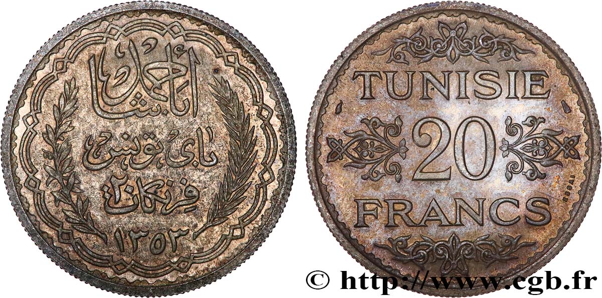 TUNESIEN - Französische Protektorate  Essai 20 Francs argent au nom de Ahmed Bey AH 1353 1934 Paris fST 