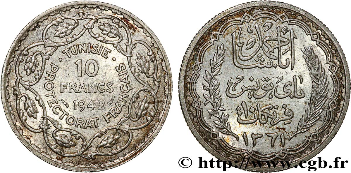 TUNISIA - French protectorate 10 Francs au nom du Bey Ahmed an 1361 1942 Paris AU 