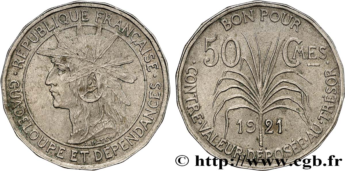 GUADELOUPE Bon pour 50 Centimes indien caraïbe 1921 AU