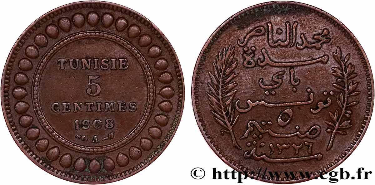 TUNESIEN - Französische Protektorate 5 Centimes AH1326 1908 Paris SS