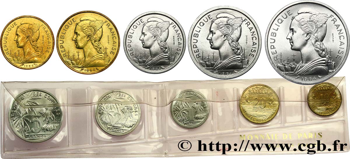 COMORAS  Lot d’essais de 1, 2, 5, 10 et 20 francs 1964 Paris FDC 