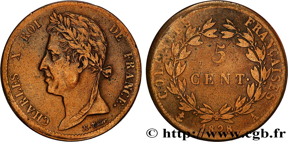 COLONIES FRANÇAISES - Charles X, pour la Guyane 5 Centimes Charles X 1828 Paris - A TB+