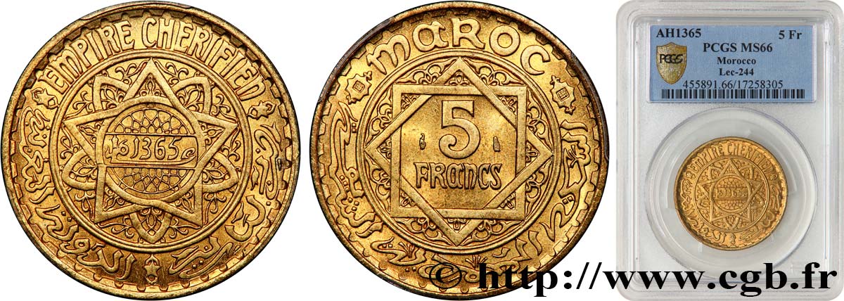 MOROCCO - FRENCH PROTECTORATE 5 Francs AH 1365 1946 Paris MS66 PCGS
