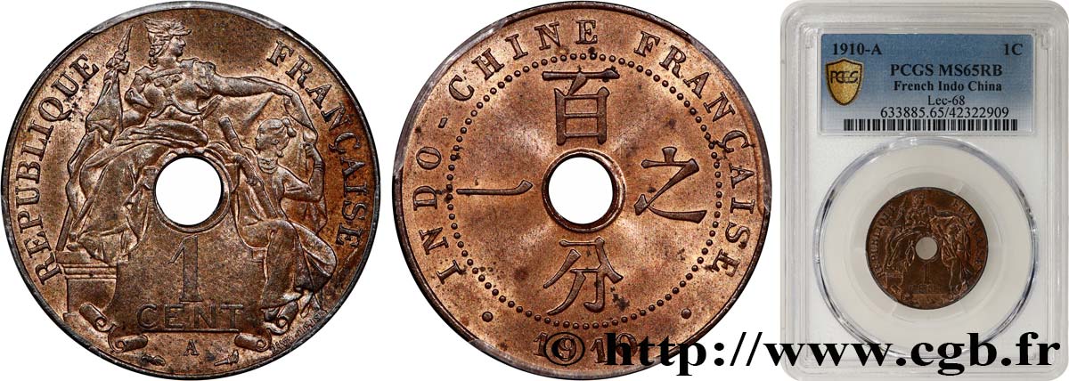 INDOCHINE FRANÇAISE 1 Centième 1910 Paris FDC65 PCGS