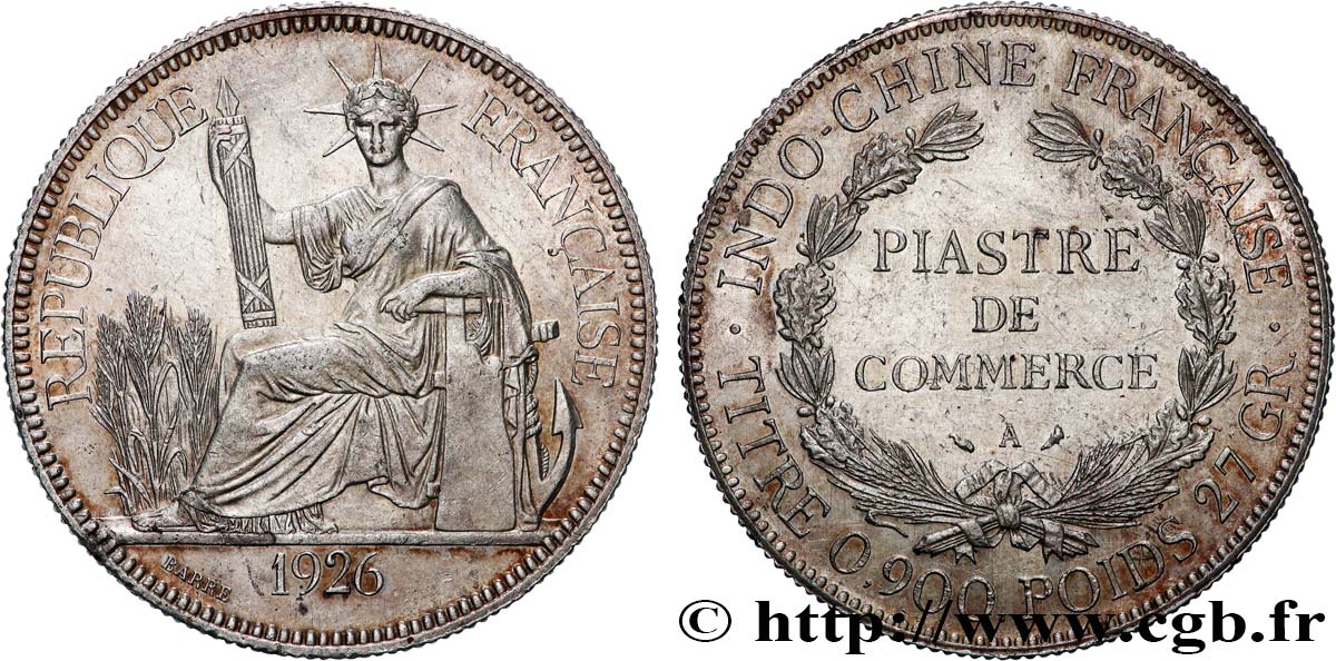 INDOCHINE FRANÇAISE 1 Piastre de Commerce 1926 Paris SUP