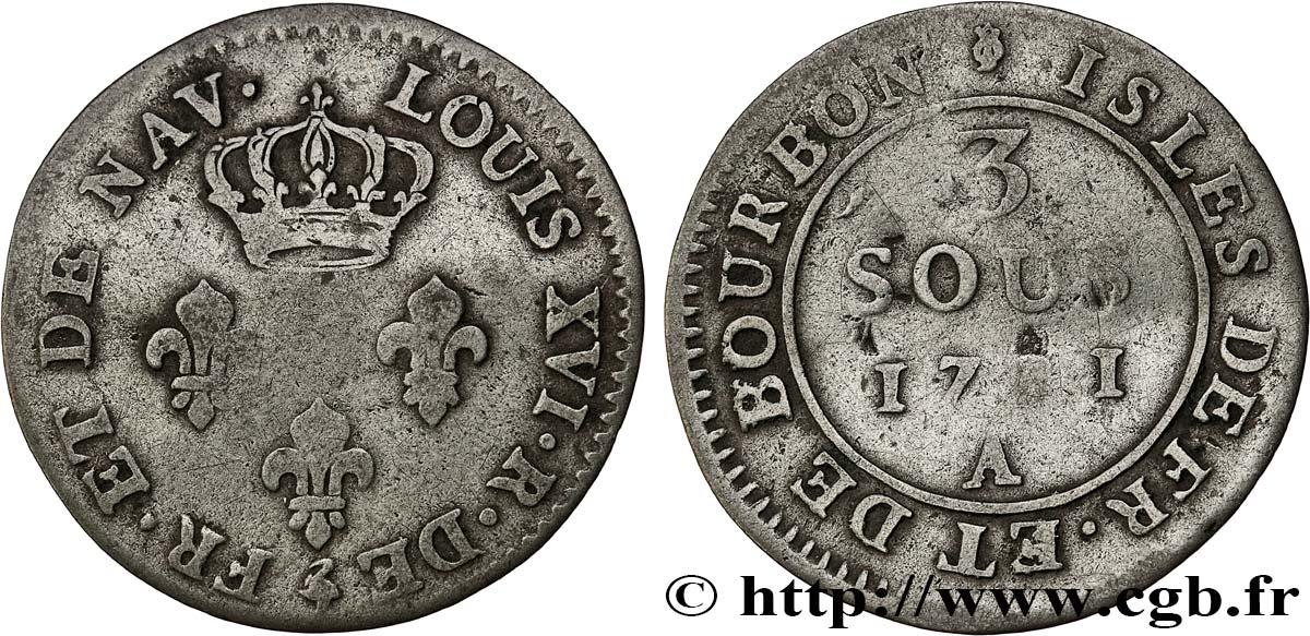 ÎLES DE FRANCE ET DE BOURBON (ÎLES DE LA RÉUNION ET MAURICE) 3 sous 1781 Paris TB