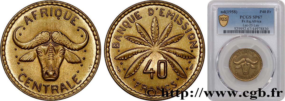 ÁFRICA CENTRAL
 Épreuve de 40 Francs de George Lay 1958 Paris FDC67 PCGS