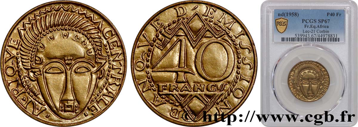 CENTRAL AFRICA Épreuve de 40 Francs de Corbin Banque d’Émission de l’Afrique Centrale 1958 Paris MS67 PCGS