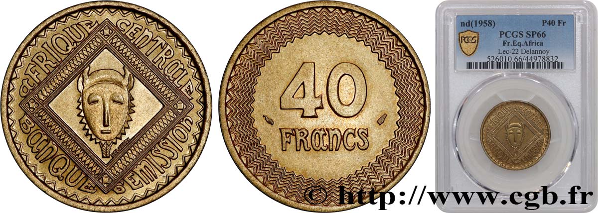 ZENTRALAFRIKA Épreuve de 40 Francs de Delannoy 1958 Paris ST66 PCGS