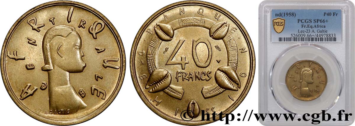ZENTRALAFRIKA Épreuve de 40 Francs de A. Galtie 1958 Paris ST66 PCGS
