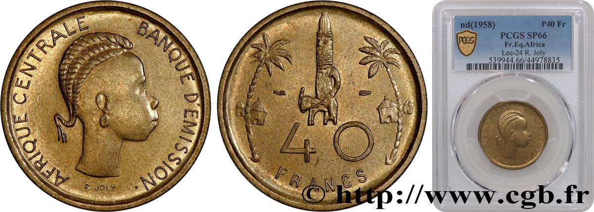 AFRICA CENTRALE Épreuve de 40 Francs de Joly Banque d’Émission de l’Afrique Centrale 1958 Paris FDC66 PCGS