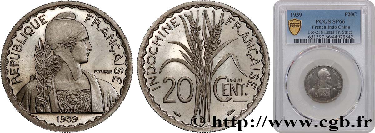 INDOCHINE FRANÇAISE Pré-série avec le mot Essai 20 centimes 1939 Paris FDC66 PCGS