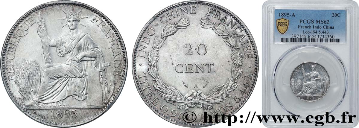 INDOCHINE FRANÇAISE 20 Centièmes 1895 Paris SUP62 PCGS