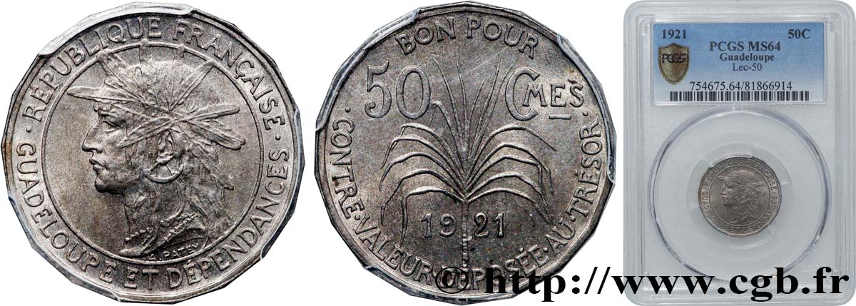 GUADELOUPE Bon pour 50 Centimes indien caraïbe 1921  SPL64 PCGS