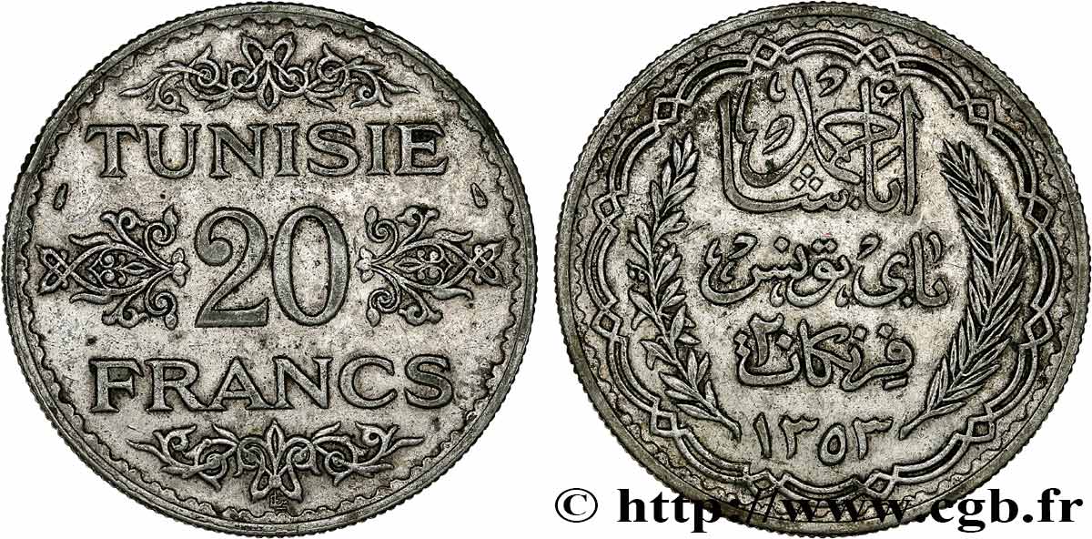 TUNISIA - Protettorato Francese 20 Francs au nom du  Bey Ahmed an 1353 1934 Paris BB 