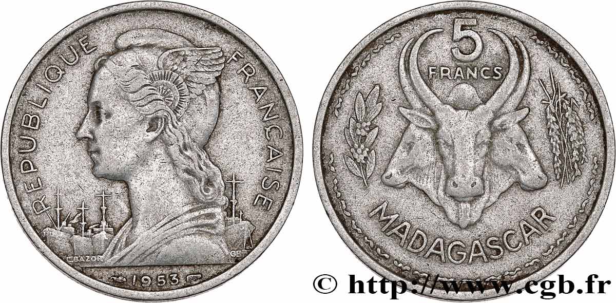 MADAGASCAR - Union française 5 Francs 1953 Paris TTB