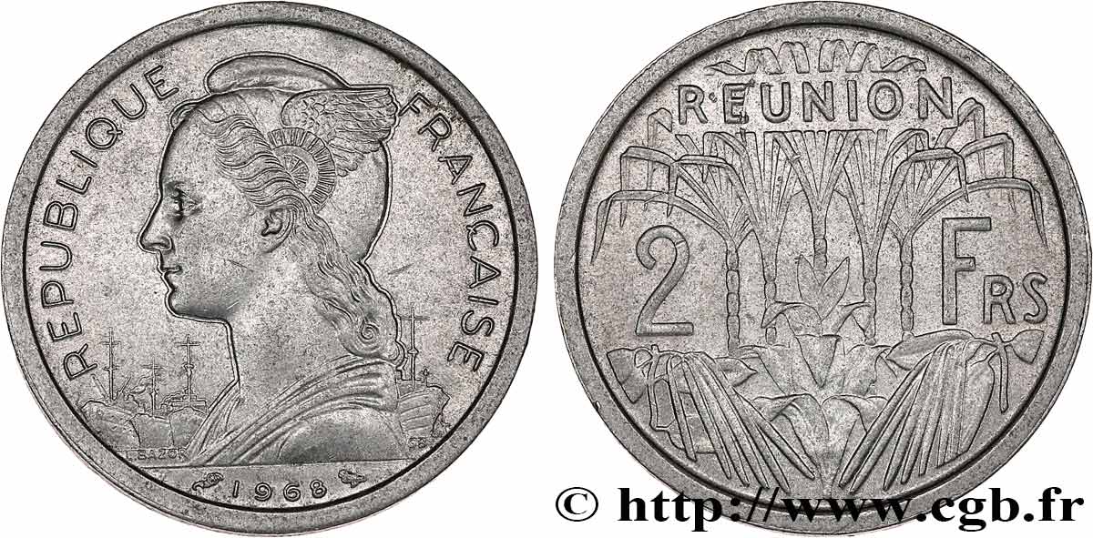 REUNION 2 Francs Marianne / canne à sucre 1968 Paris AU