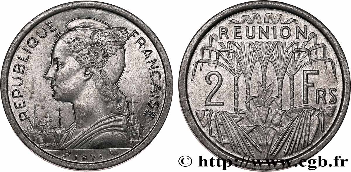 REUNION ISLAND 2 Francs Marianne / canne à sucre 1971 Paris MS 
