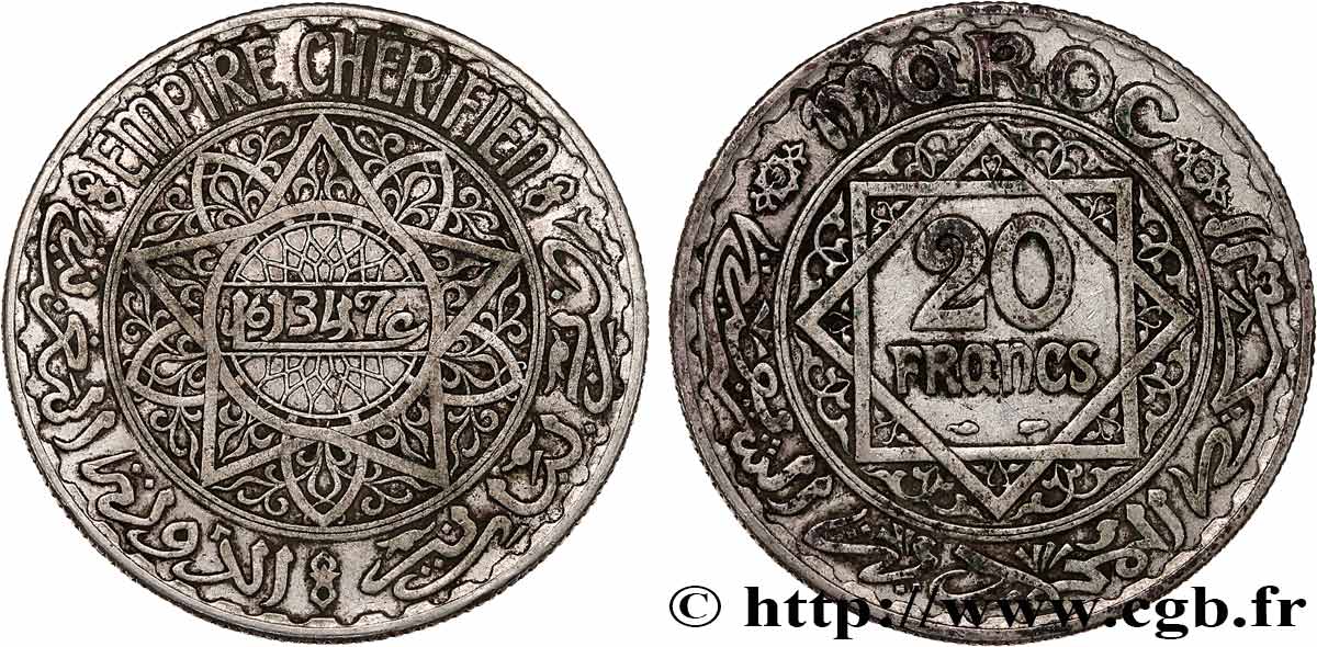 MAROC - PROTECTORAT FRANÇAIS 20 Francs AH 1347 1928 Paris TTB