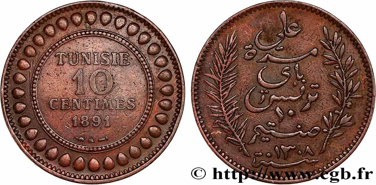 TUNISIE - PROTECTORAT FRANÇAIS 10 Centimes AH1308 1891 Paris TB