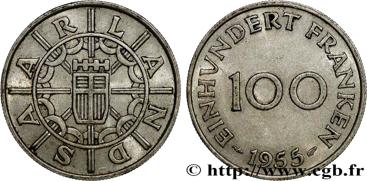 SAARLAND 100 Franken 1955 VZ