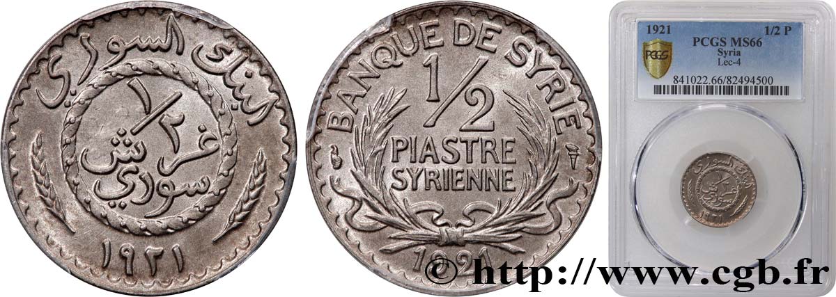 SYRIA - THIRD REPUBLIC 1/2 Piastre Syrienne Banque de Syrie 1921 Paris MS66 PCGS