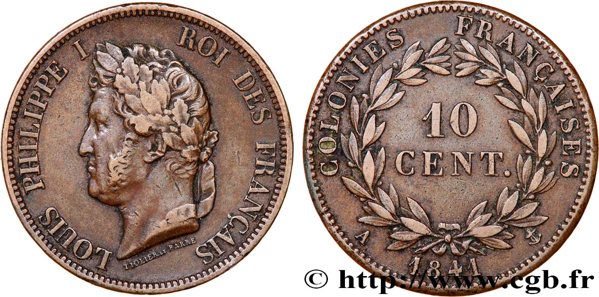 COLONIAS FRANCESAS - Louis-Philippe para Guadalupe 10 Centimes 1841 Paris MBC 